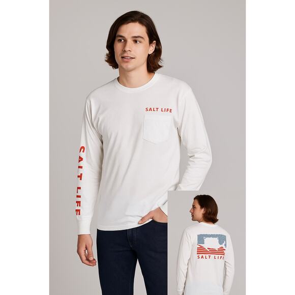 Salt Life Long Sleeve Tee White Red Graphic Pocket Shirt | Size Small - Picture 1 of 4